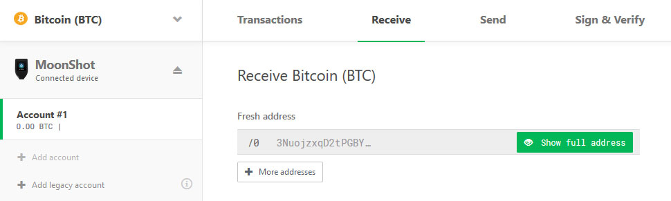 Het ontvangst scherm van de Trezor Bitcoin wallet