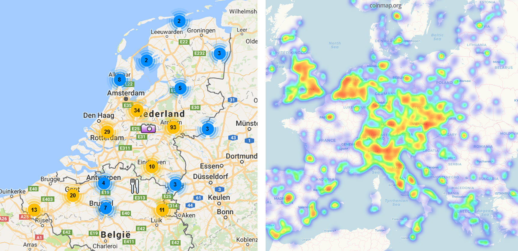 In Nederland en belgie kan je op steeds meer plaatsen afreken met Bitcoin. Op europees nivo doet Nederland ook goed mee.