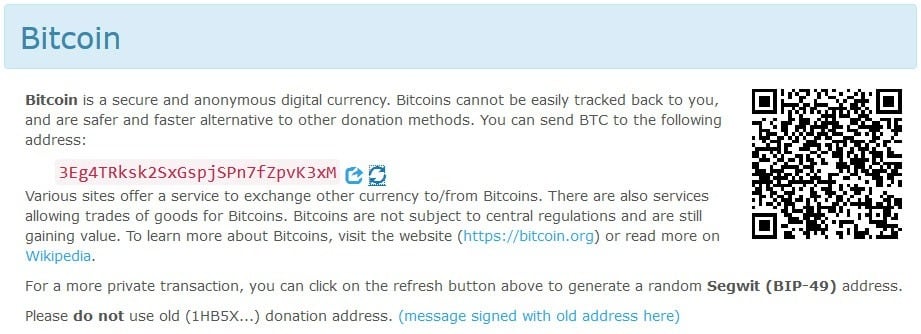 Op de Bitcoin donatie pagina zie je een Bitcoin adres uitgeschreven & in QR-code formaat