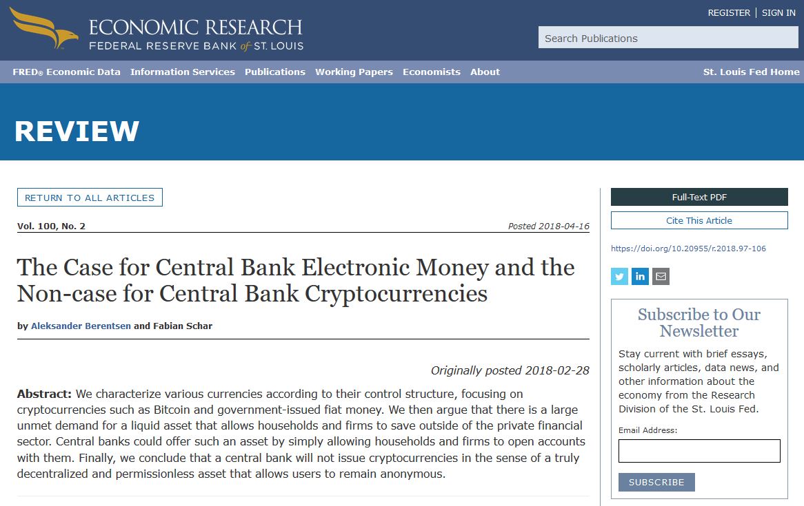 Veel gratis reclame voor Bitcoin op de website van de ST Louis FED.